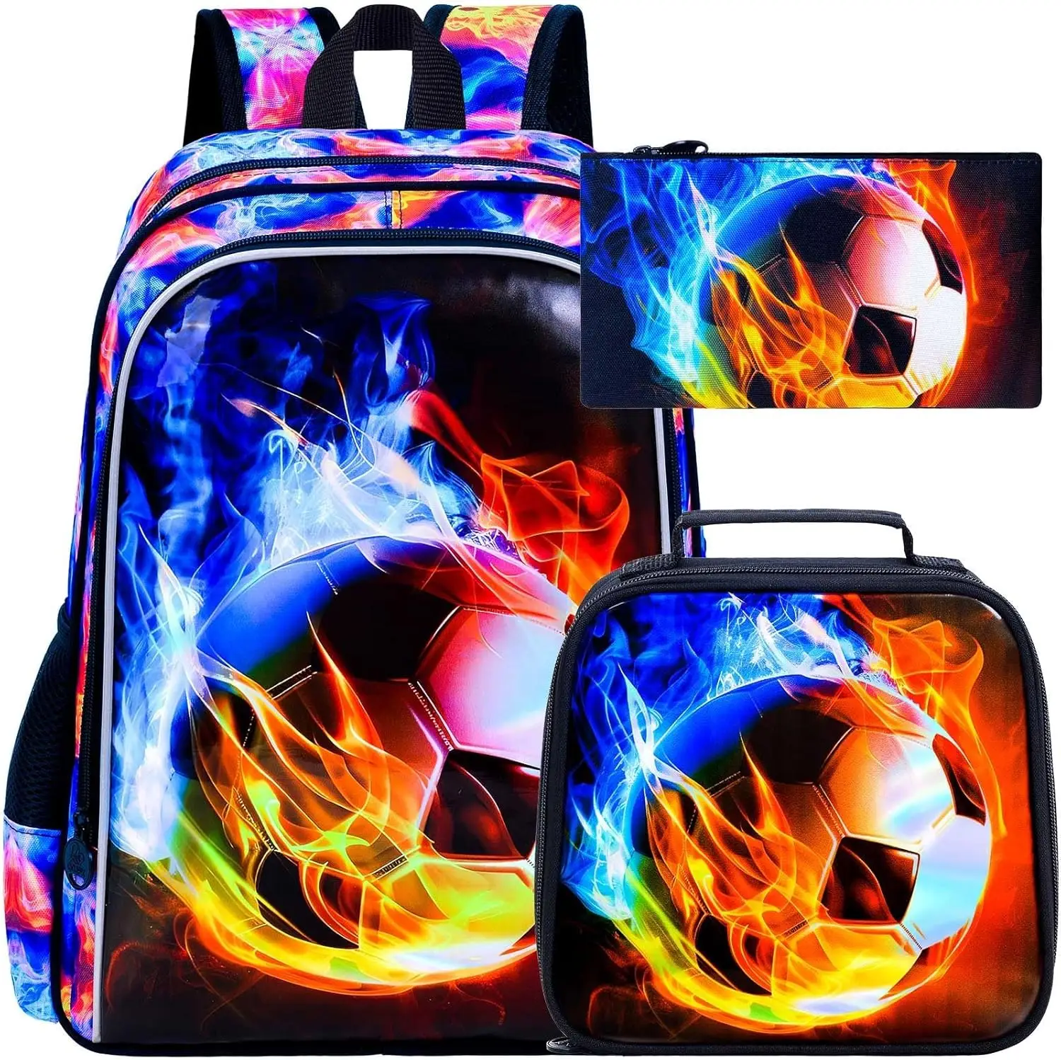 3PCS Boys Soccer Backpack, Kids Fire Bookbag with Lunch Box, 17" Water Resistant School Bag for Teenagers Elementary Middle