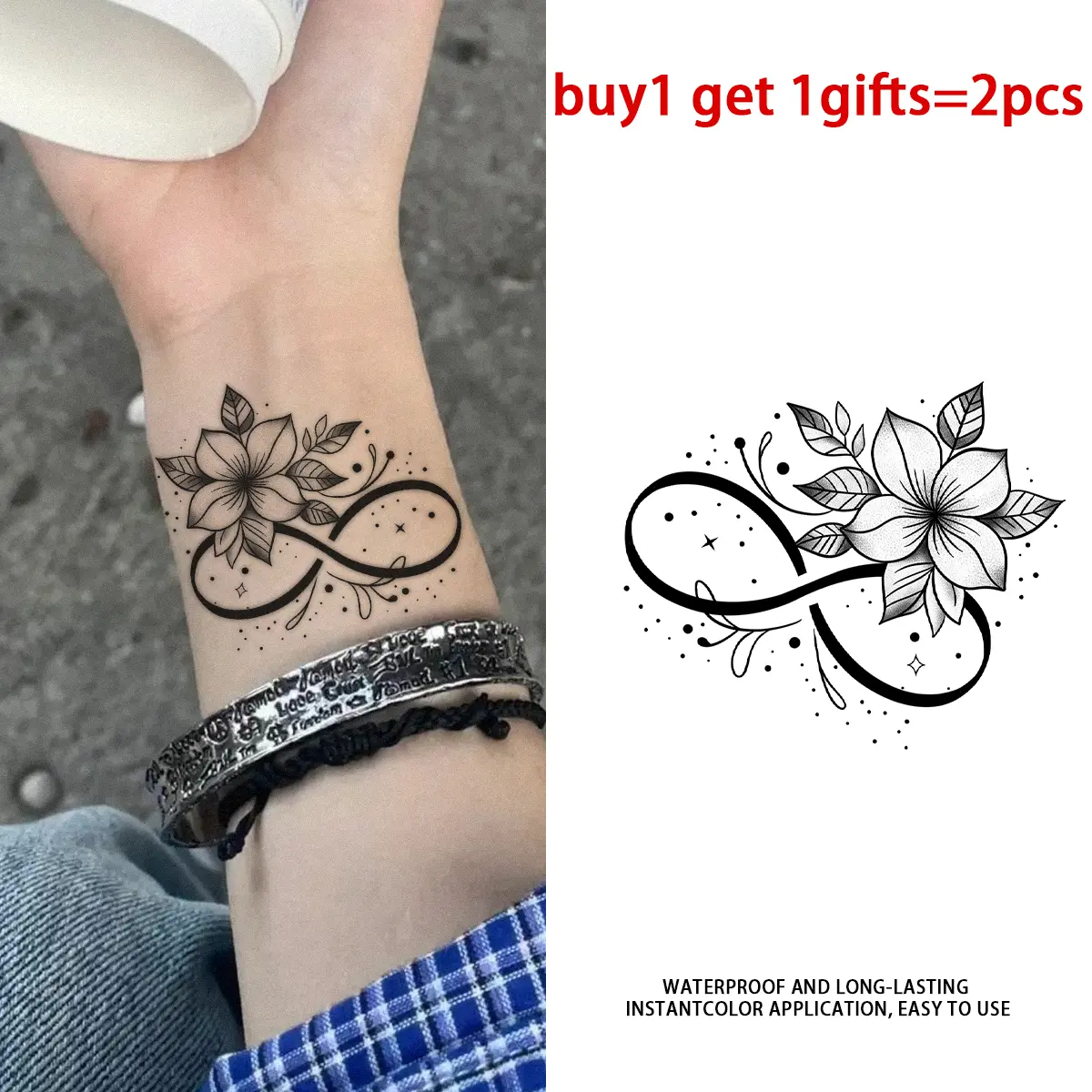 Black Stippling Flower Infinity Symbol Bracelet Style Temporary Tattoo Stickers 2 Pack, Long Lasting Semi-Permanent Waterproof Romantic Botanical Fake Body Tattoos, Elegant Wrist Forearm Tattoo For Men Women