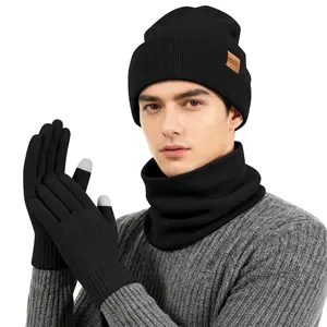 Winter Men Hat Scarf and Touchscreen Gloves 3 PCS Set Soft Beanie Fleece Lined Windproof Neck Warmer Thermal Knit Hats