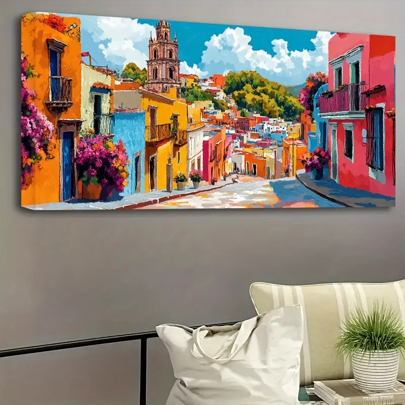 Artistic Ethnic Multi-Size Colorful Street Landscape Canvas Wall Art - Solid Wood Frame, Ready-to-Hang, Hangable Living Room Decor, Indoor Home Decor, Pinterest Aesthetic Poster Print