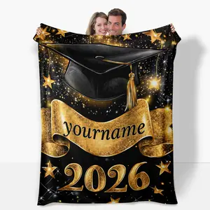2026 Graduation Commemorative Throw Blanket - Personalized Blankets with Grad Cap Theme & Custom Name Print, Lightweight Portable for Sofas, Travel, Bedrooms