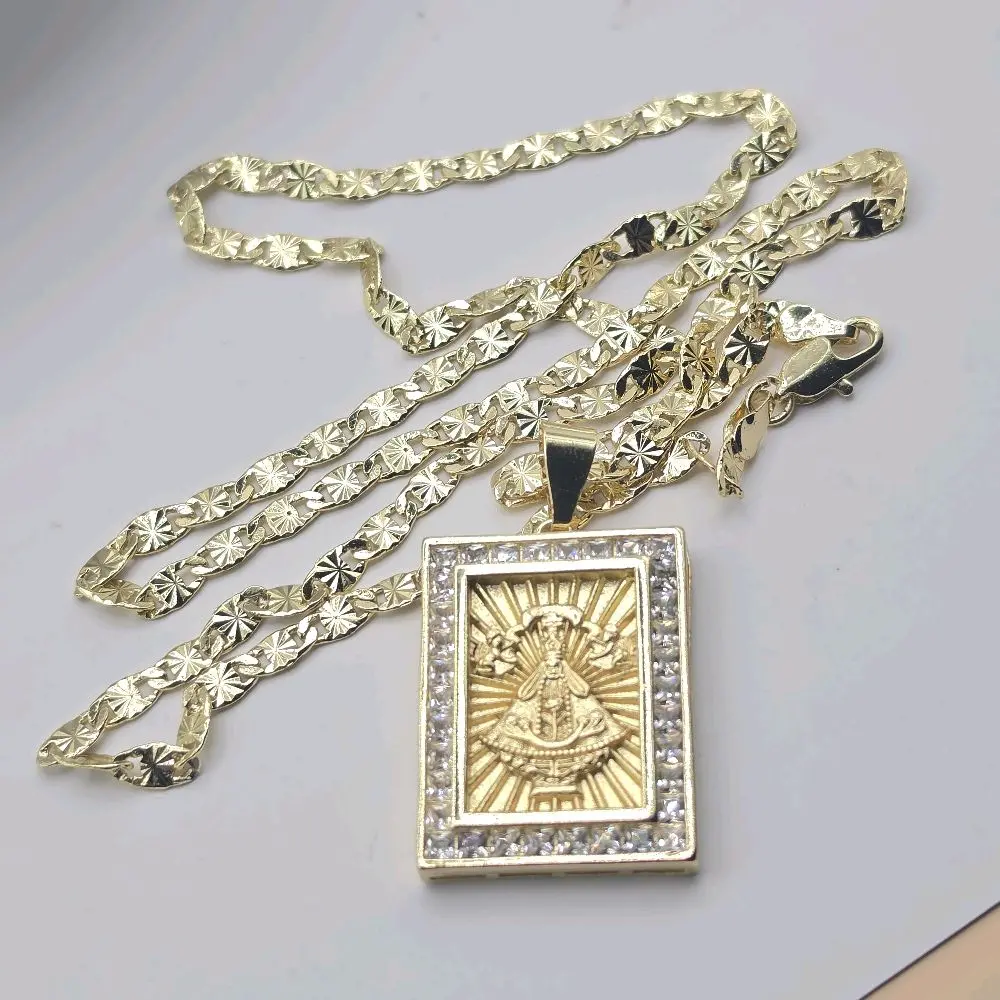 N96-Virgen of los Lagos rectangle pendant  24-Inch Length chain necklace copper gold plated