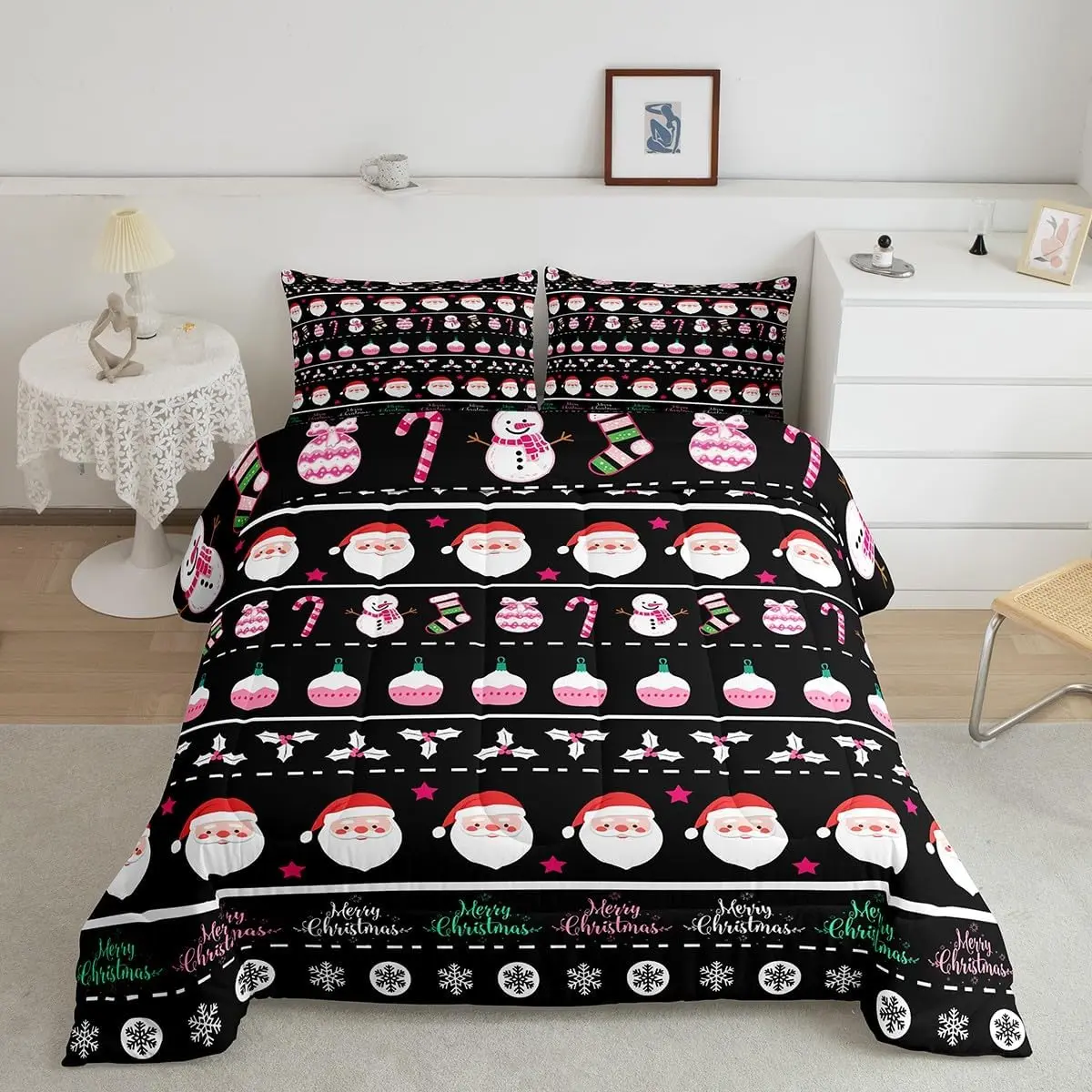 Feelyou Breathable Microfiber Bedding Set - Multi-Size Digital Printed Santa Christmas Decorative Comforter, Xmas Cartoon Snowmen Duvet Quilt, Soft Winter Bedding Set, Soft Bedding Set