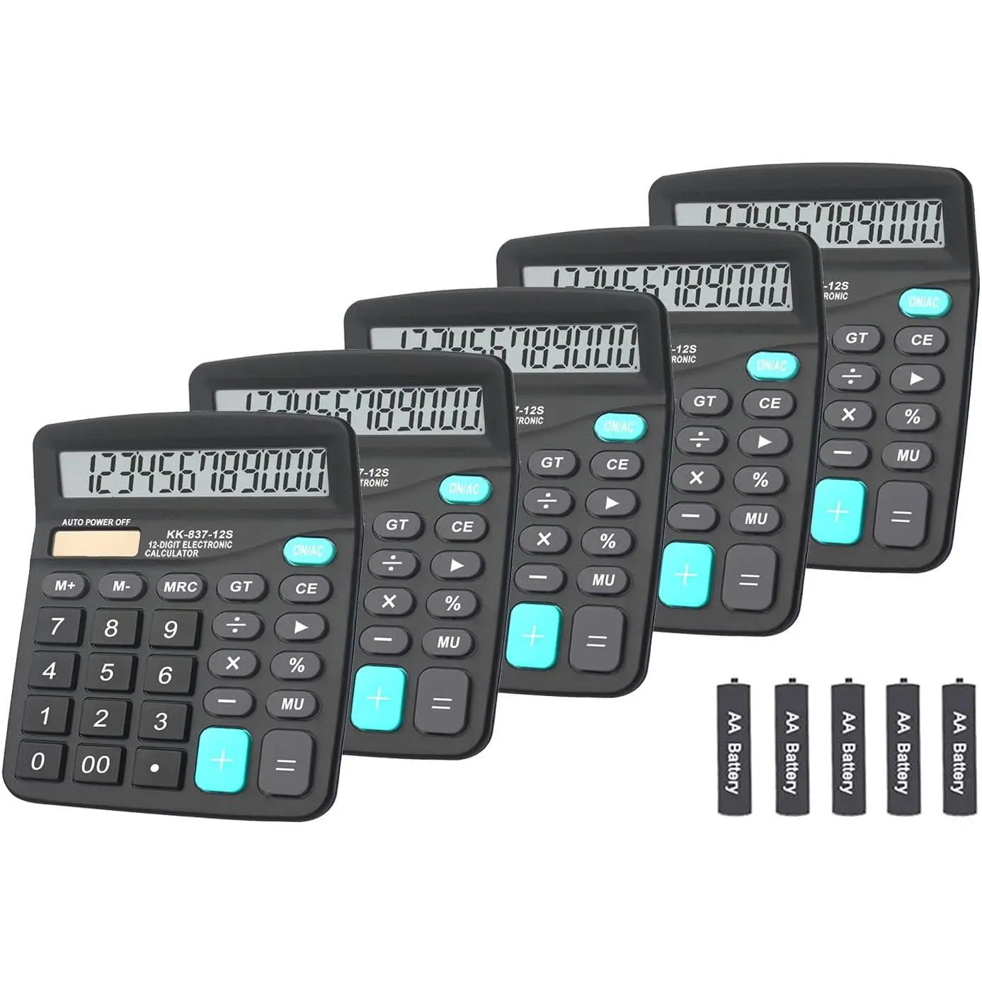 F-RDC04 12-Digit Dual Power Calculators (Pack of 5, Black) - ABS Plastic, Large Buttons, Angled LCD Display, Handheld/Desktop Design, Solar Power, Percentage Calculation, 3.8 oz, 5.7 x 4.7 x 1.8 in for Office, Home