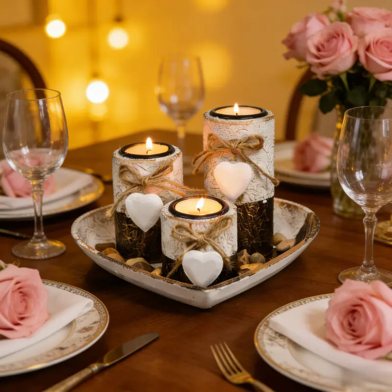 Valentine's Day patchwork color wooden heart-shaped candlestick set, home candle tray decorative handicrafts, Decoration Items, Candle Holder, Vintage Candle Stand, Candlestick Holders