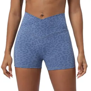 FITNFEM Women's Leopard Print Yoga Shorts High Waist Tummy Control Cross Waist Tight Butt Lifting Elastic 3 Inch Running Workout Gym Shorts