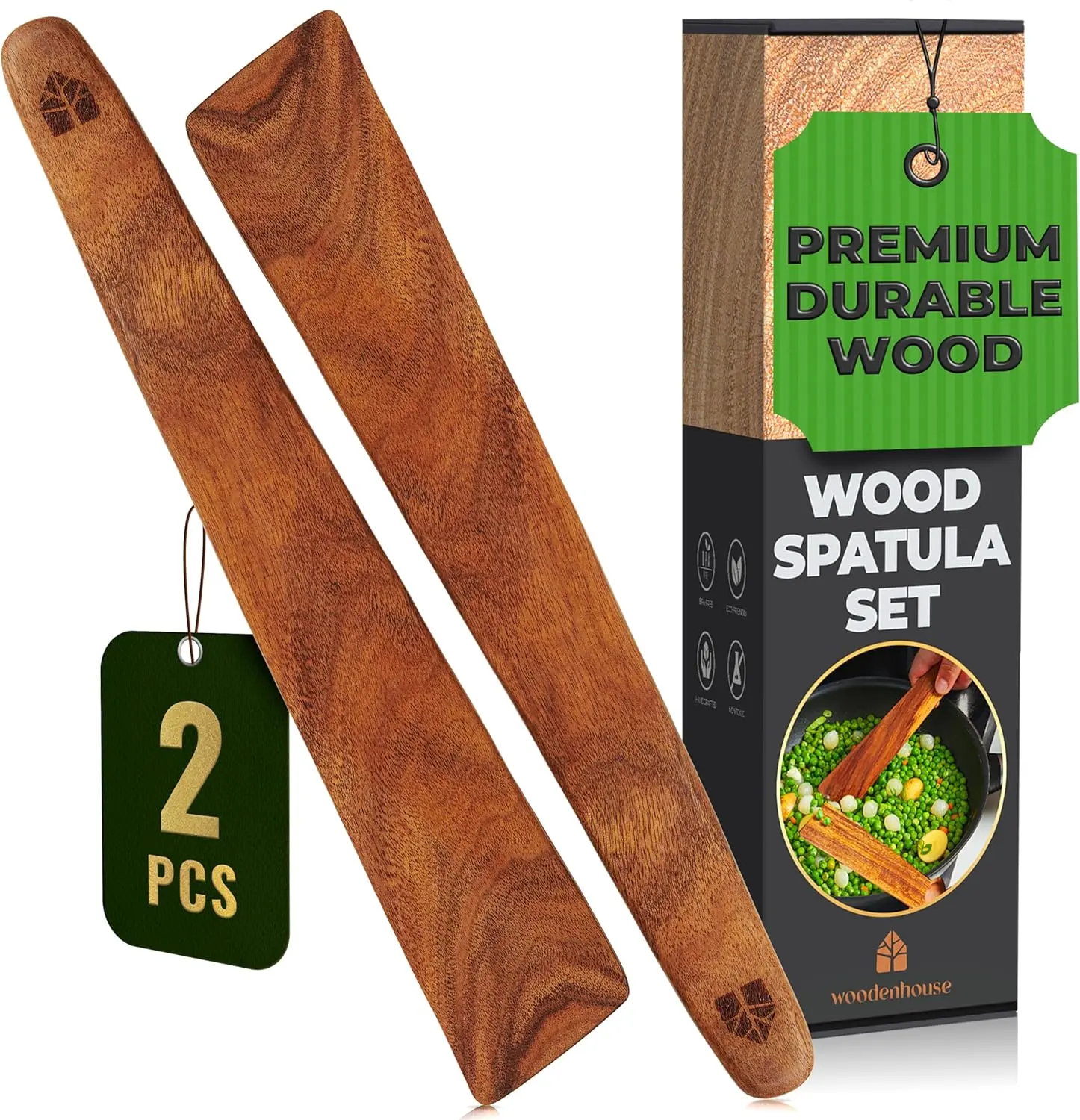Wooden Spatula for Cooking, 12" Set of 2 - Turner & Scraper for Cast Iron Flipper for Non Stick & Frying Pan, Egg & Pancake – BPA Free & Heat Resistant Teak Utensils