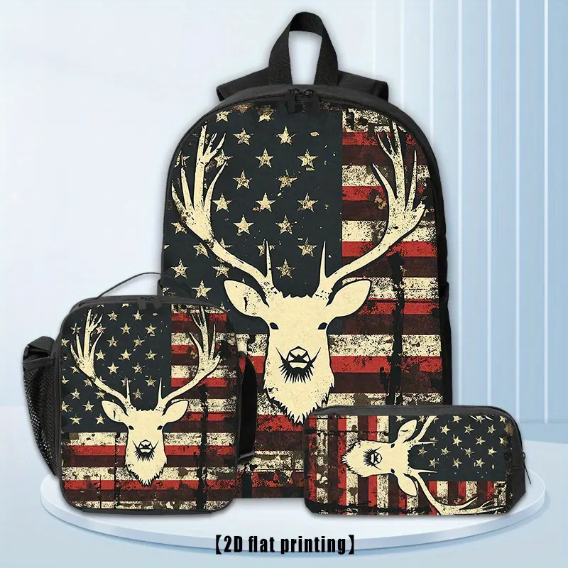 Deer Camo Camouflage American Flag Hunting, 3pcs Backpack, Lunch Bag Pencil Case, 17-Inch Computer Backpack, Lightweight Hiking Backpack for Shopping, Fitness, Yoga, Hiking, Beach, Work