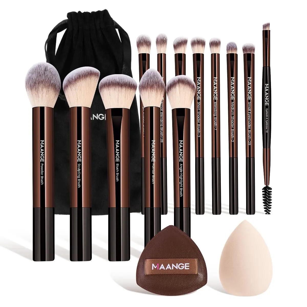 MAANGE 16PCS Makeup Brush Set Travel Makeup Brushes for Liquid Powder Contour Concealer Cream Cosmetics Blending Eyeshadow Eyeliner (Coffee)