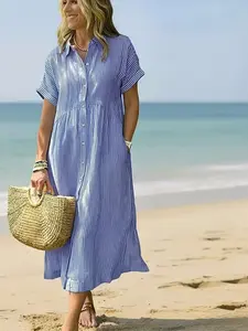 🫧 Throw-On & Go ｜ Striped Button Down Midi Shirt Dress ｜ Loose Flowy Fit With Pockets ｜ Tummy Friendly Everyday Wear Summer