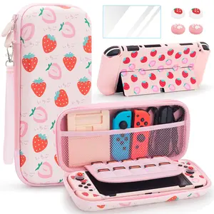Strawberry Pattern Game Console Storage Bag, Game Console Protective Case with Rocker Cap & Protective Film, Console Accessories for Nintendo/OLED Switch Cover