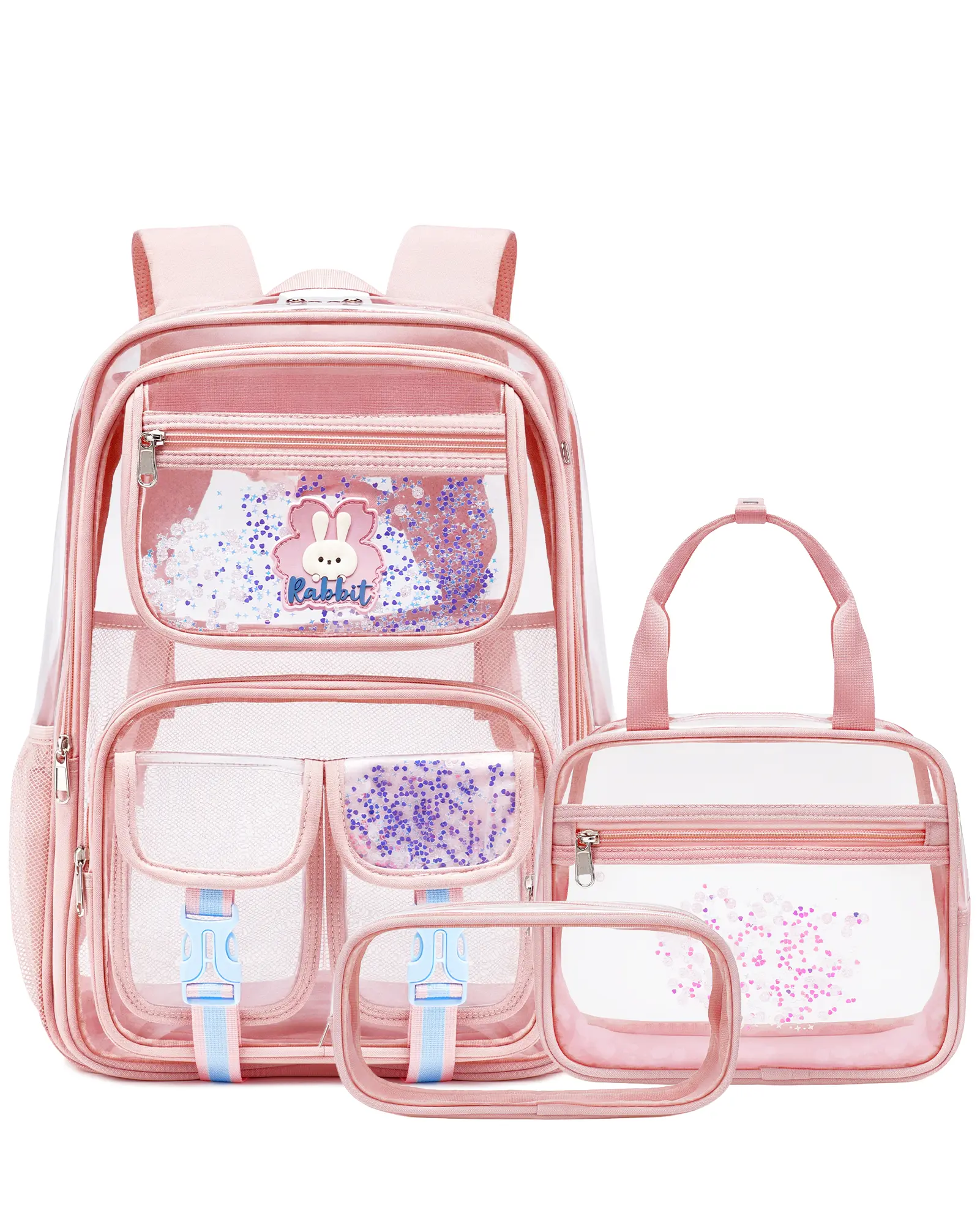 Makukke Clear 3-in-1 Backpack Set for Girls, 0.5mm Thick Soft Transparent School Bag with Glittery Details, Stadium Approved Security Bookbag with Lunch Box & Pencil Case for Teen Girls, Kids, Students