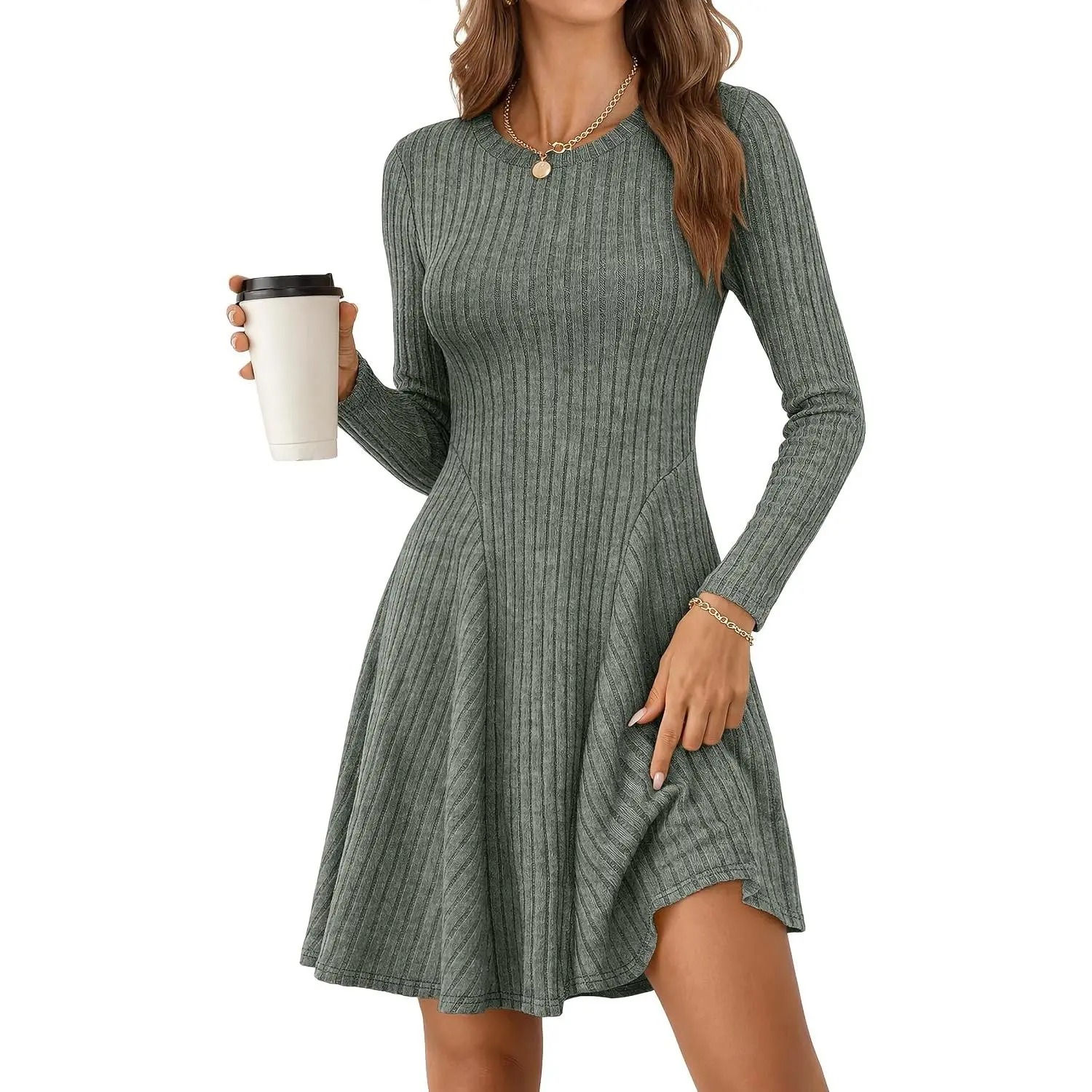 ANRABESS Women's Long Sleeve Mini Sweater Dress | Ribbed Knit Soft Stretch, Regular Fit A Line Flared Swing Dress, Work Office Casual Wear, Fall Spring Winter Outfits