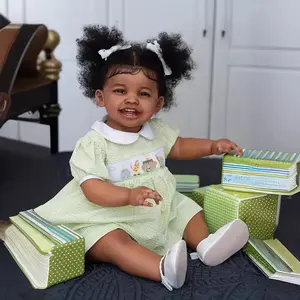 24Inches Sweet Smiling Rooted Curly Hair Lifelike Reborn Baby Girl Dolls that Look Real and Feel Real, Realistic Newborn Toddler Collectible Art Doll in Dark Brown Skin
