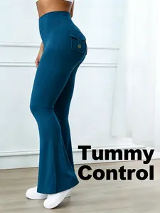 Yoga High Waist Tummy Control Flare Leggings with Pockets for Women Scrunch Butt Lifting Gym Pants Quick Dry Polyester Spandex Sportswear - Womenswear