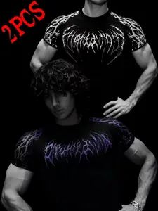 2 Pcs Gothic Print Gym Short Sleeves, High Elasticity Quick-Dry Breathable Fabric, Slim Fit Muscle-Shaping for Weightlifting Enthusiasts