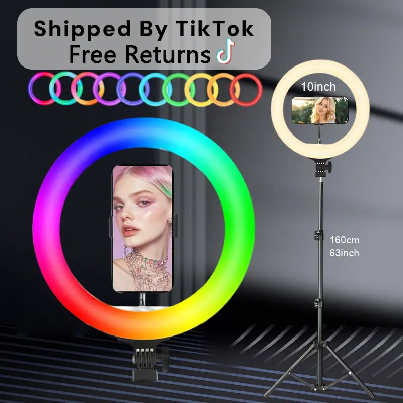 10-Inch LED Selfie Ring Light with 63 inch/1.6m Tripod Stand & Flexible Phone Holder, 38 Color Modes Vdieo Light, USB Powered, Adjustable Brightness, Perfect Gift for Photographers circle light#ring light shade