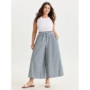 BLOOMCHIC Plus Size Cotton Checkered Print Wide Leg Pants [M-6X]2026 Summer Vibes Swimweek
