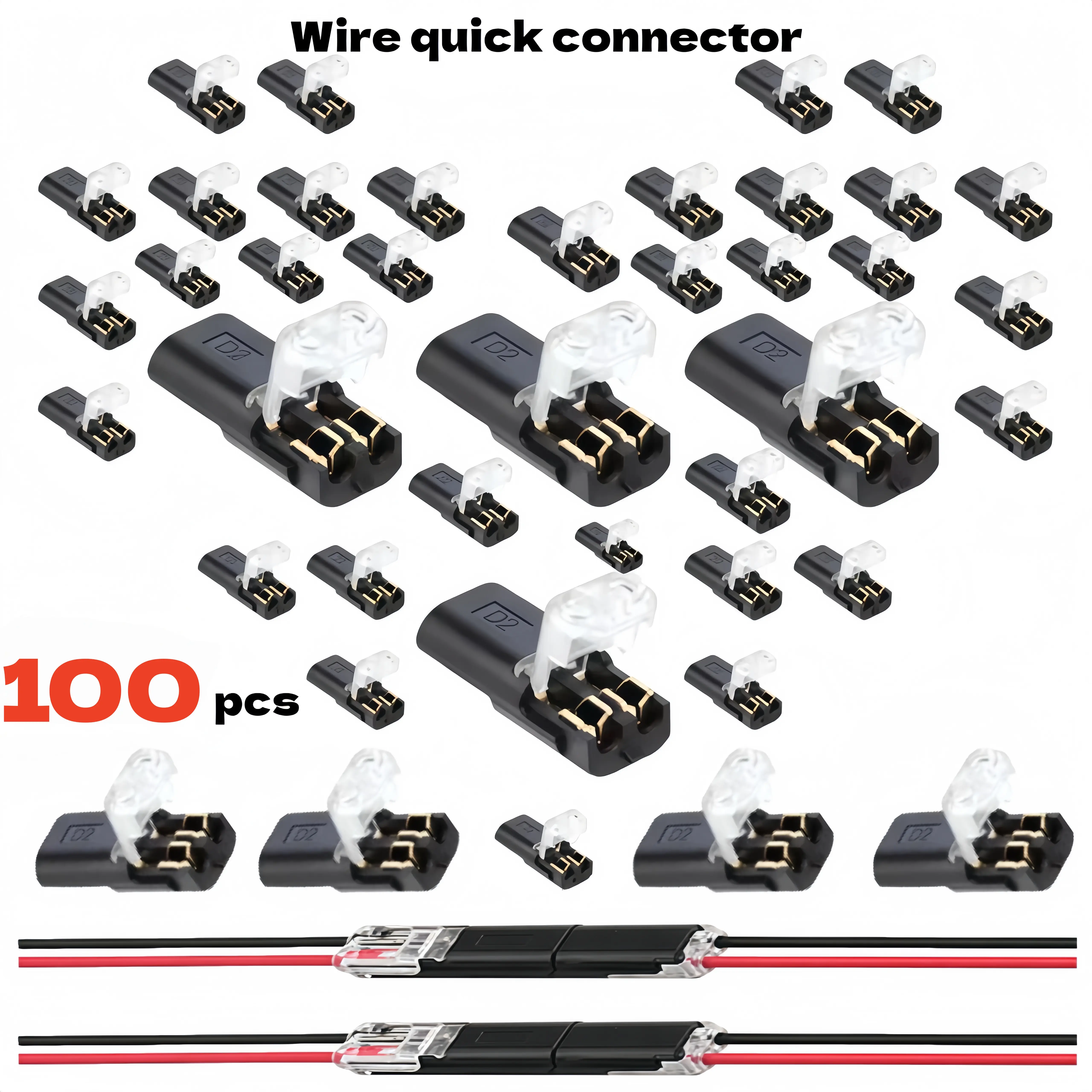 Wire Quick Snap-In Connectors, 2-Pin Locking Buckle Double-Wire Plug-In Durable Reliable Universal Connectors & Terminals, AWG 18-22 Tool-Free Reusable Easy DIY for LED Light Strips, Home Wiring, Fans, Lamps, Switches, Durable Reliable Connectors
