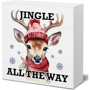 Christmas Wooden Sign Jingle All the Way Wooden Block Sign Christmas Elk Winter Decor for Home Table Desk Shelf，5x5 inch