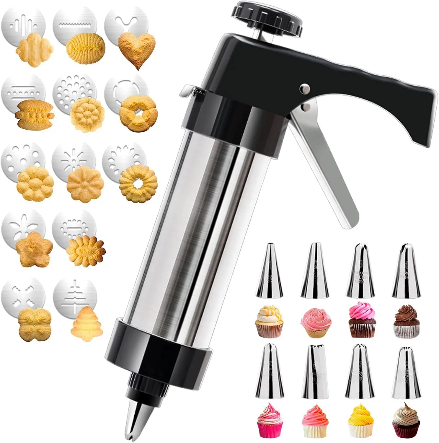 Cookie Press Gun Kit, Stainless Steel Cookie Press with 13 Discs & 8 Icing Piping Tips, Baking Cookie Maker, Icing Decorating Gun for Cookies Cakes Pastry Dessert Baking Decoration