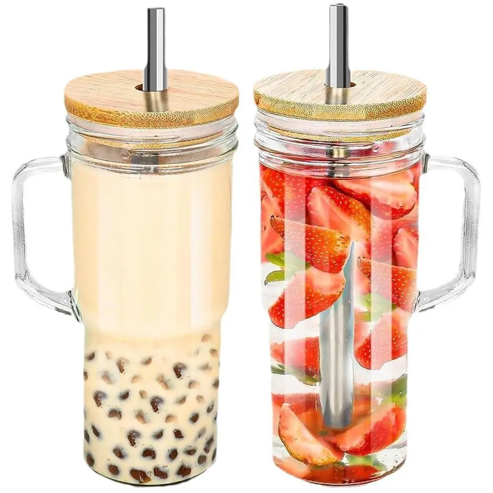 Glass Tea Cup with Bamboo Lid & Straw & Brush, 1 Count Clear Milkshake Juice Cup with Wooden Lid, Kitchenware Drinking Cup Serving for Home Office Outdoor Stylish Glass Cups Kitchenware Drinkware