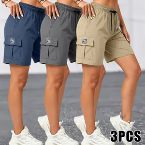 3-pack women’s casual versatile cargo shorts with elastic drawstring waist and multiple pockets; suitable for summer everyday wear, outdoor hiking, training, sports, and various occasions. Women’s clothing, women’s shorts, women’s apparel, summer clothing