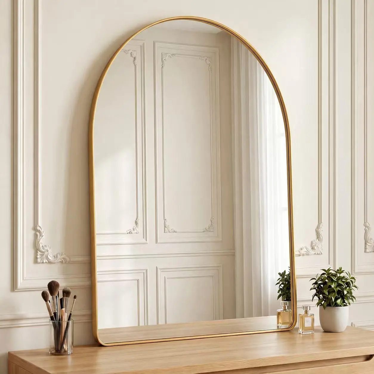 Arched Leaning Mirror for Floor or Vanity – 20"x30" / 24"x36" / 32"x34", Shatterproof Tempered Glass, Deep Metal Frame, Black or Gold, for Bedroom & Home Decor