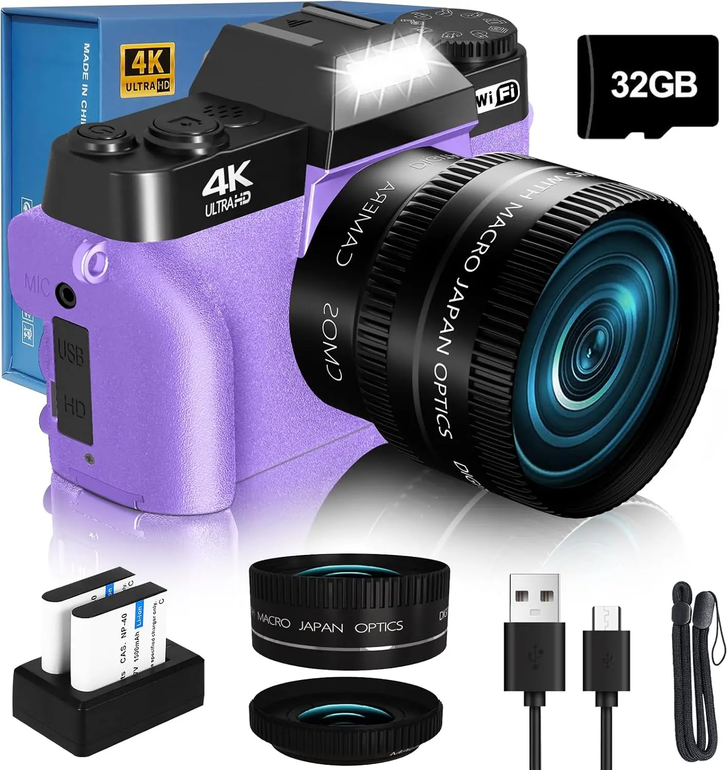 2024 Upgrade  Digital Camera for Photography Vlogging Camera for YouTube with WiFi, 180 Flip Screen, 16X Digital Zoom, 52mm Lens, 2 , 32GB  SD Card(Purple)