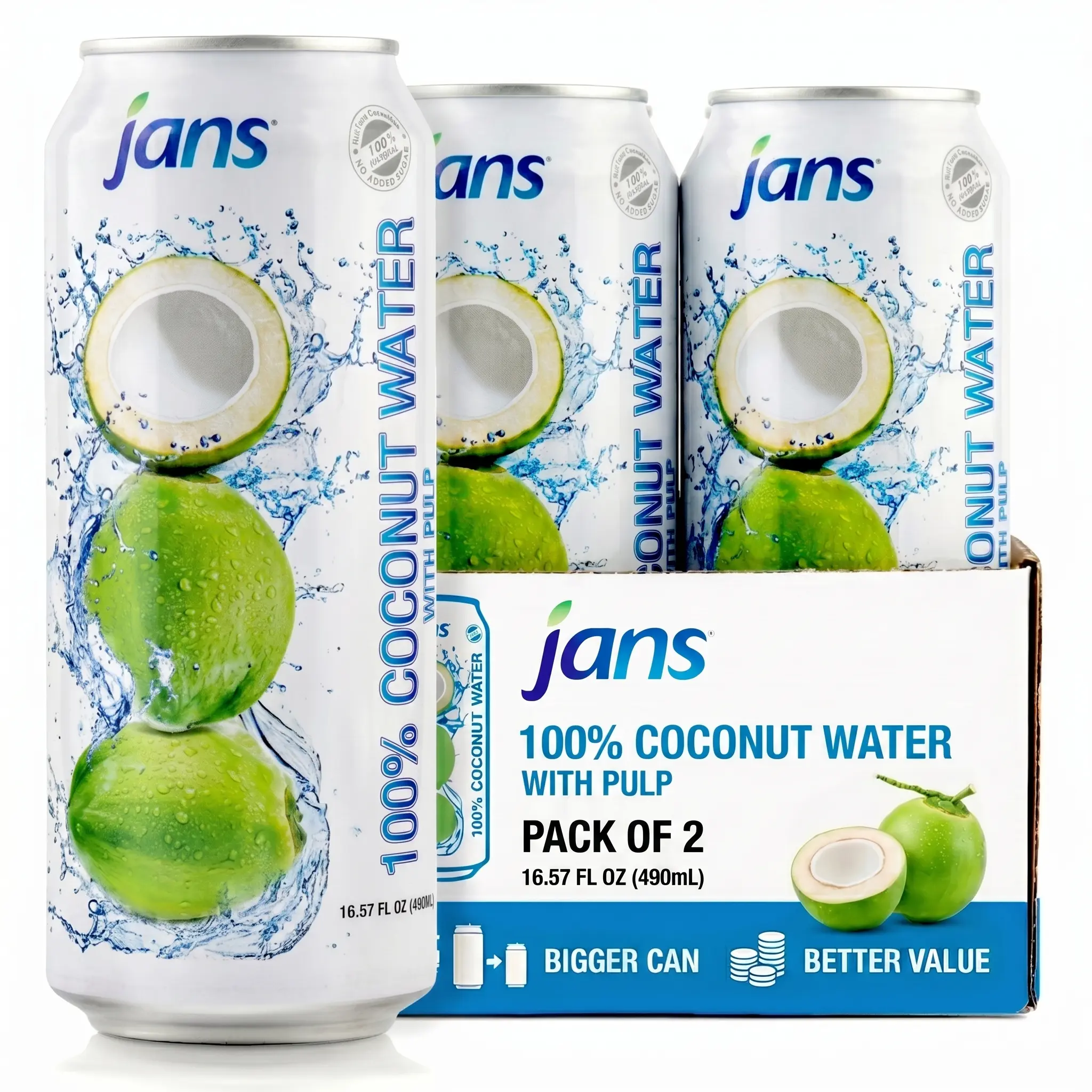 Jans 100% Pure Coconut Water with Pulp (16.57 Fl Oz, pack of 2) No Sugar Added | Unsweetened Coconut Water | Not from Concentrate | Non-GMO | Refreshing Taste of the Tropics