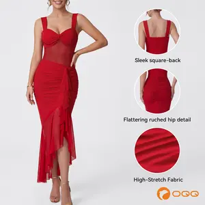 OQQ Women’s Romantic Ruched Mesh Splice Long Dress with Ruffle Detail Ruffle Hem Maxi Dress