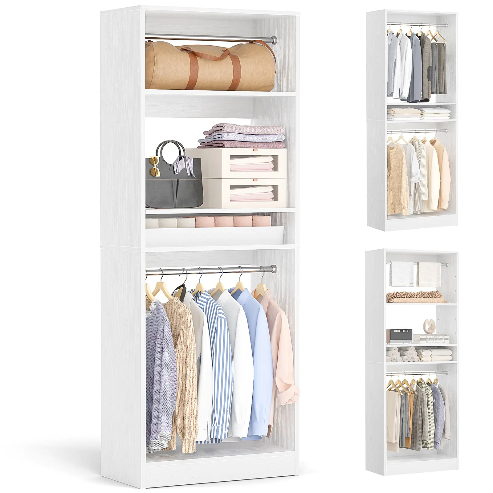 Cyclysio Freestanding Closet System, 25” Closet Organizer Wardrobe with Hanging Rods & Shelves, Adjustable Garment Rack, Sturdy Walk in Closet Tower