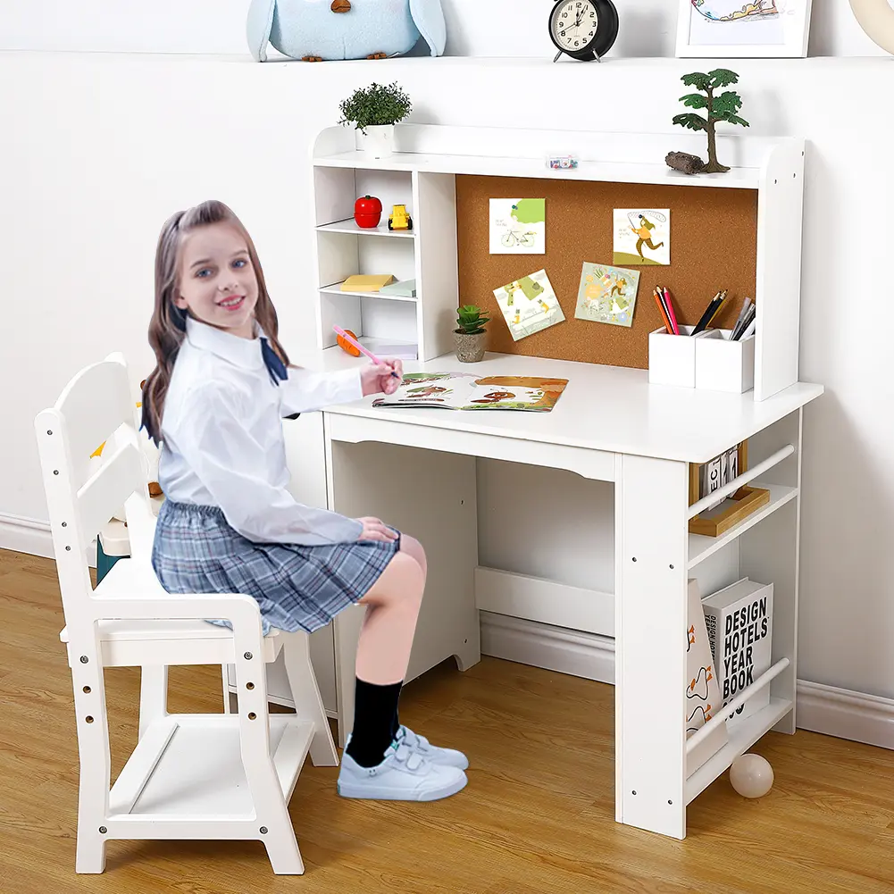 Gaomon Unisex 10-11 Years Modern MDF Wood Children's Writing & Study Desk and Chair Set - 1-Piece White Mini Interior Furniture with Single Seat, Storage Space
