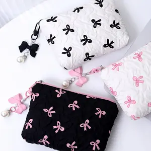 Wind-Ruffled Bow Makeup Bag, Fabric Lipstick Case, High-End Coin Pouch, Menstrual Pad Holder and Key Wallet, Valentine's Day Present, Makeup Storage Bag, Handheld Cosmetic Pouch, Makeup Organizer Pouch, Travel Cosmetic Bags