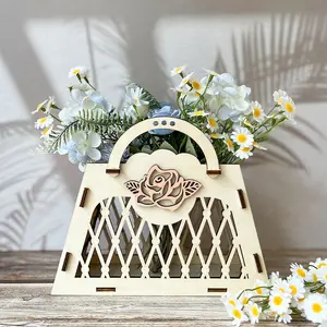 Handmade Wooden Handheld Basket Dry Flower Basket, Laser Engraved Rose Hollow Out Basket, Nordic Style Desktop Storage Basket