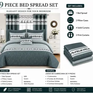 9-Piece Bedspread Set with Matching Curtains – Elegant Gray & Charcoal Design | King Size/  Juego de Cubrecama de 9 Piezas con Cortinas Incluidas – Diseño Elegante Gris y Carbón | King Size