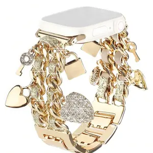 1PC Metal Thin Leather Rope Double Heart Lock Core Smart Wrist Strap, Adjustable, Women, Compatible with Apple Watch 38/40/41/42/44/45/46/49mm, Suitable for Apple Watch Series Ultra/SE/11/10/9/8/7/6/5/4/3/2/1, Strap only, watch and case not included