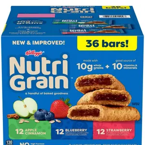 Grain Bars Variety Pack 1.3 Oz 36 Pack Apple Cinnamon Blueberry & Strawberry Flavors High in Whole Grains Vitamins Minerals