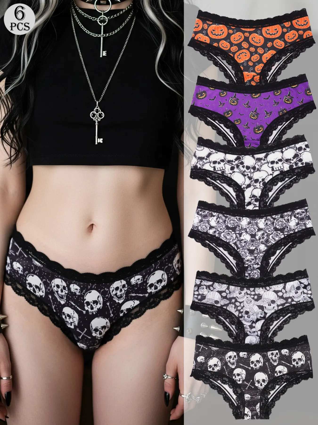 Morvia 6Pcs Spooky Gothic Pumpkin & Skull Panties for Women, Sexy Black Lace Trim Hipster Underwear, Alt Aesthetic Grunge Witchy Emo Style Briefs, Soft Breathable Stretchy Lingerie Multi-Pack, Soft Panties Set