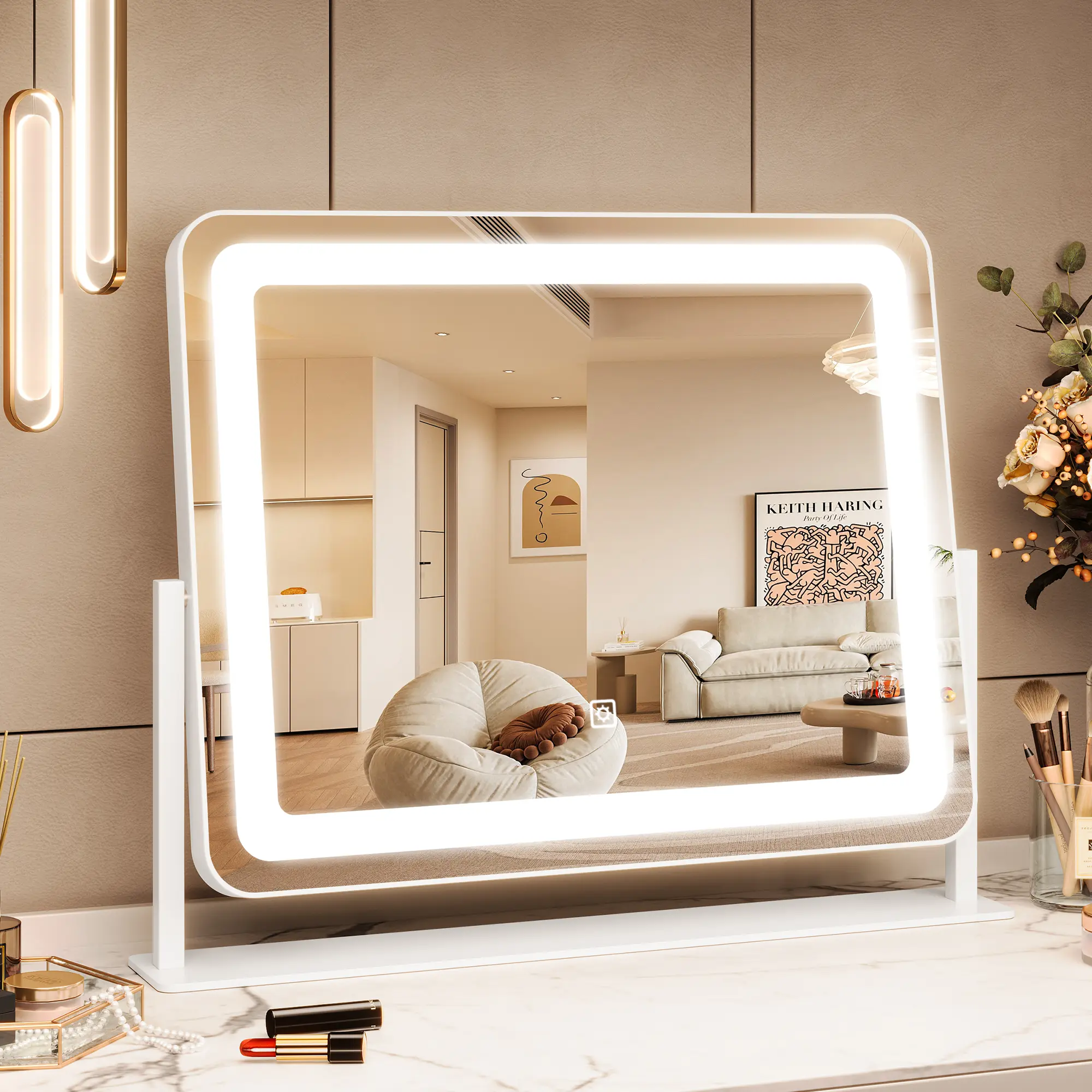 19-Inch Round LED Bathroom Mirror with Lights – Dimmable 3-Color, 360° Rotatable, Smart Touch Vanity Mirror, Aluminum Alloy Frame for Makeup or Wall Mount, Black