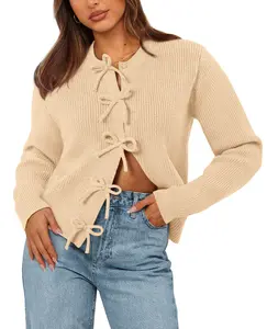 BTFBM Cardigan Sweaters for Women Trendy 2026 Fall Open Front Long Sleeve Button Down Bow Knot Cropped Lady Jacket