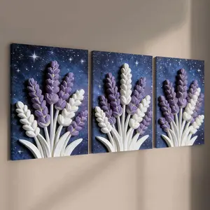 3-Piece Solid Wood Frame Canvas Art Set, Lavender Theme Poster Decorations, Waterproof Wall Art for Living Room & Bedroom, Modern Home Decoration