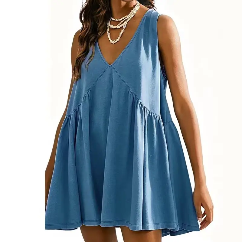 Women's V-Neck Babydoll Cotton Mini Dress, Sleeveless Flowy Tunic with Pockets for Vacation, Beach Sundresses, Casual Wear, Baby Doll Dresses, Short Dress For Women