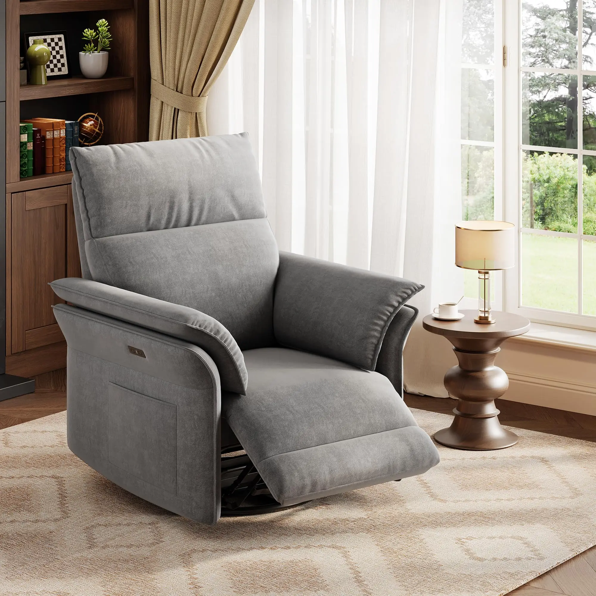Garvee Power Recliner Glider Chair with Smooth Swivel, Rocking Motion, Adjustable Recline, USB Charging Port, Premium Chenille Fabric, and Double Armrests for Living Room and Nursery Comfort