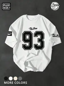 Men's Plus Size Menswear "New Jersey 93" Varsity Number Graphic Relaxed Fit Oversized T-Shirt, Retro Streetwear Short Sleeve Crew Neck Tee for Summer, Casual Daily Wear & Urban Style