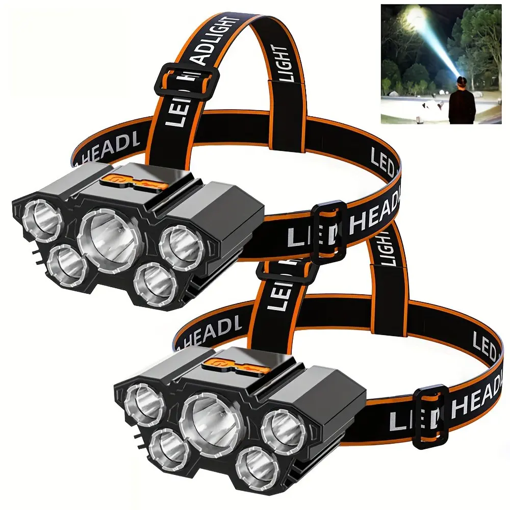 2Pack,Rechargeable Headlamp Flashlight Set, 5 LED Ultra-Bright Light, Lightweight USB Charging, 3 Modes, Outdoor Running, Fishing, Hunting, Hiking, Camping, Work, Rechargeable Emergency Worklight