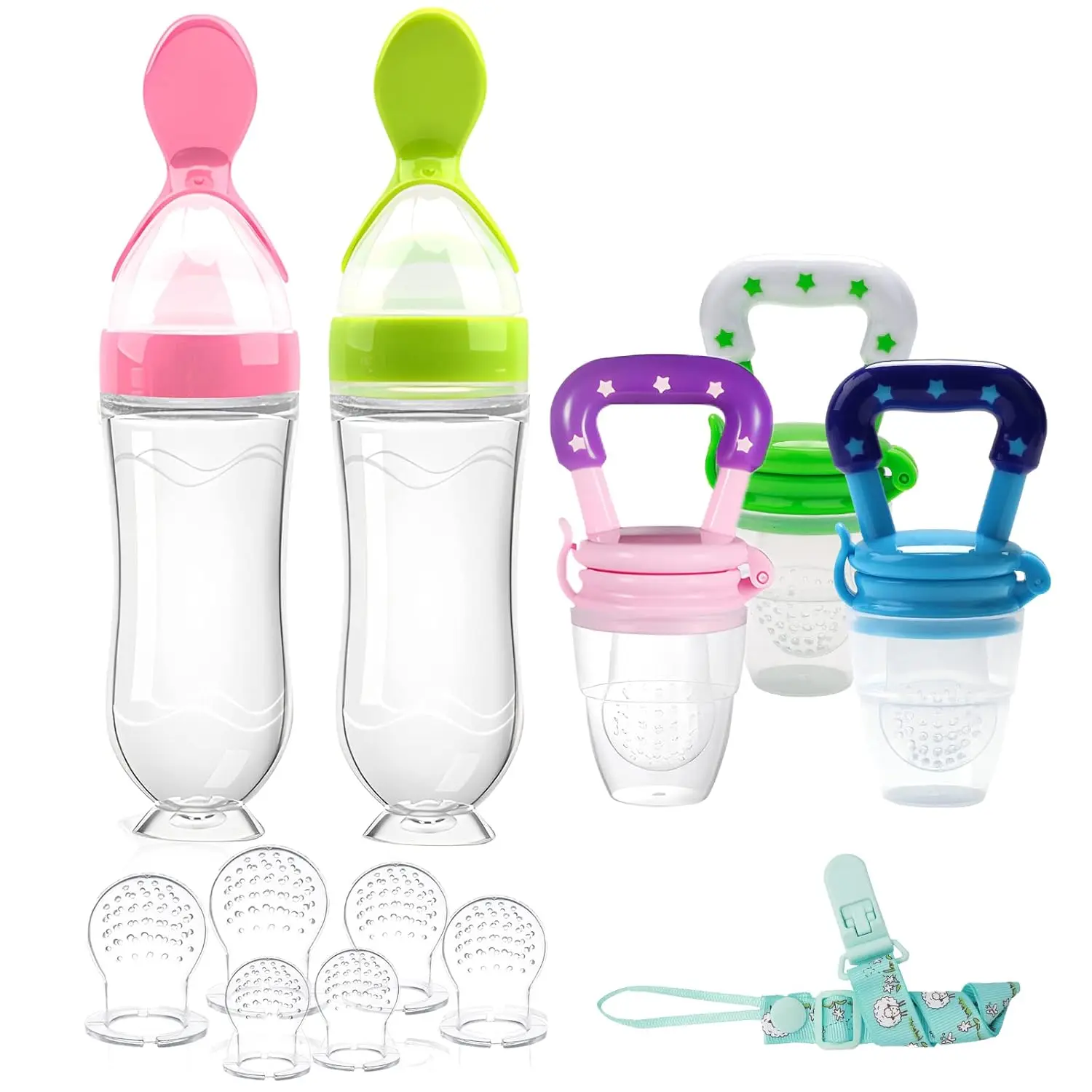 Summer Spring Gift Food Feeder Baby Fruit Feeder Pacifier (3 Pcs) with 6 Different Sized Silicone Pacifiers,Silicone Baby Food Dispensing Spoon 90ML with 2 Babies Spoons Pacifier Clip Infant Fruit Teething Feeders-Pink