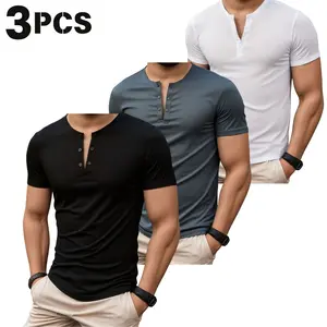 Men’s 3-Pack Henley-Collar T-Shirts with Button Front, Casual Sports Tops