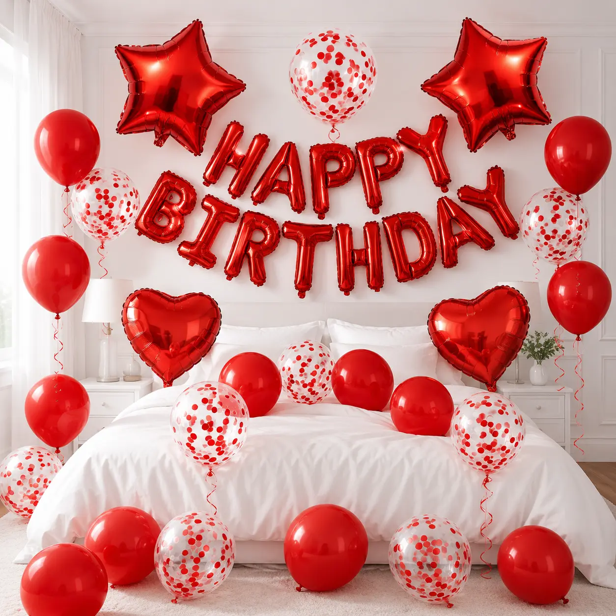 Red Birthday Balloon Decor Set - Festive Decorative Letter Foil Banner, Heart Star Confetti Latex Balloons for Backdrop, Photo Party Decor