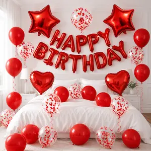 Red Birthday Balloon Decorations, Happy Birthday Foil Letter Banner, Red Heart Star Balloons, Confetti Latex Balloons Party Decor